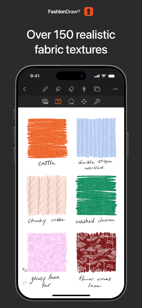 FashionDraw app interface showcasing realistic fabric texture swatches for digital fashion design