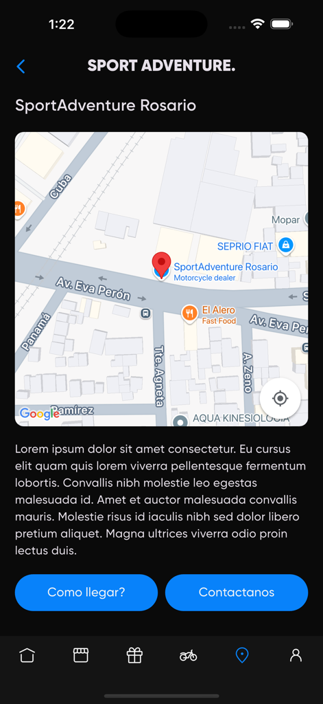 Sport Adventure - Vue cartographique dans l'application Sport Adventure montrant l'emplacement d'un concessionnaire de motos et des boutons de contact.