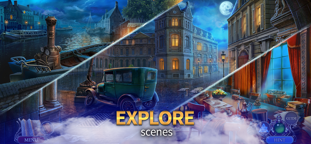 Dark City: Amsterdam Mystery - Montage of three atmospheric nighttime scenes from Dark City Amsterdam Mystery featuring a canal, a vintage car, and a cozy study.