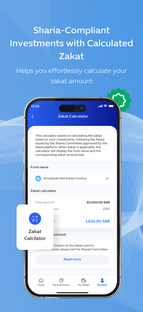 Aseel | أصيل - Schermata della calcolatrice Zakat dell'app Aseel per investimenti immobiliari conformi alla Sharia.