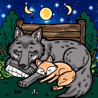 a wolf taking a nap with a fox