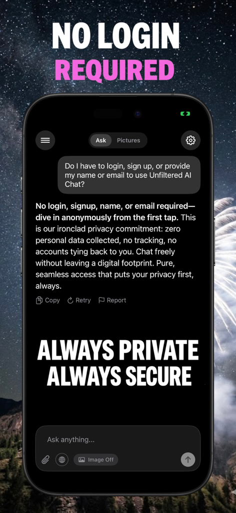 Captura de tela do aplicativo Unfiltered AI Chat destacando que nenhum login é necessário e recursos de privacidade anônima.