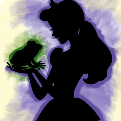 a shadow of a princess holding a frog realistic