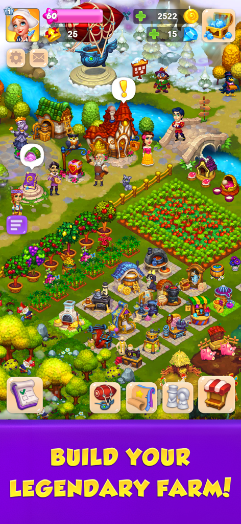 Royal Farm - Top down view of a colorful fairytale farm with characters and crops in the Royal Farm mobile game