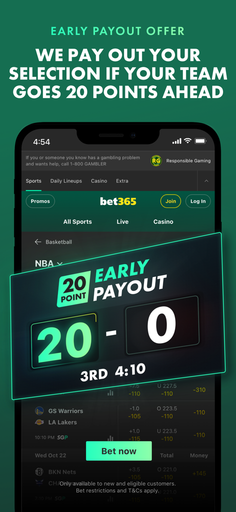 bet365 app display showing a 20 point early payout offer for NBA basketball bets