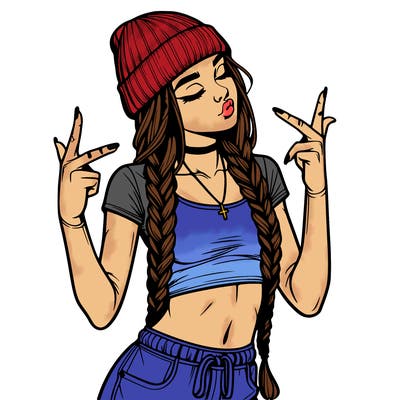 realistic teenage girl with braids and a beanie and crop top doing 🫶🏼