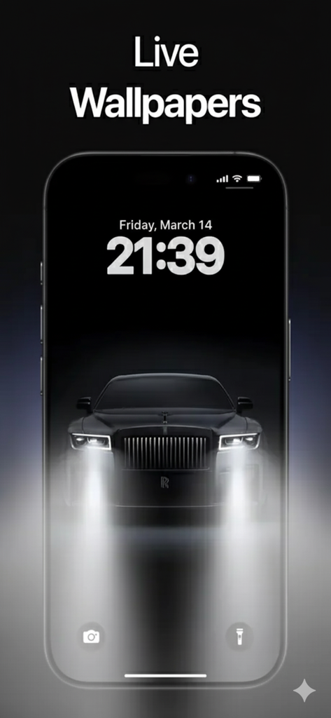 Wallify: 4K Live Wallpapers - iPhone lock screen featuring a sleek black luxury car live wallpaper with glowing headlights