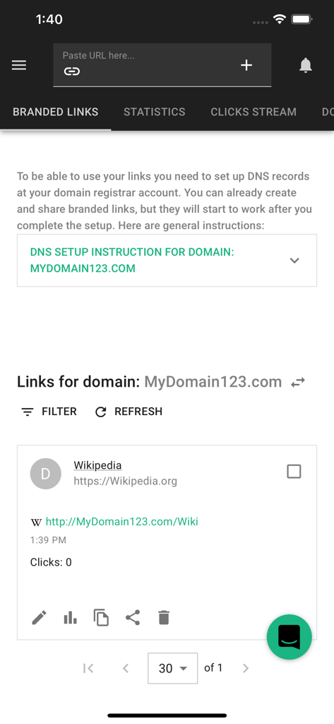 Short.io - Short.io app interface displaying branded links list and domain DNS setup instructions