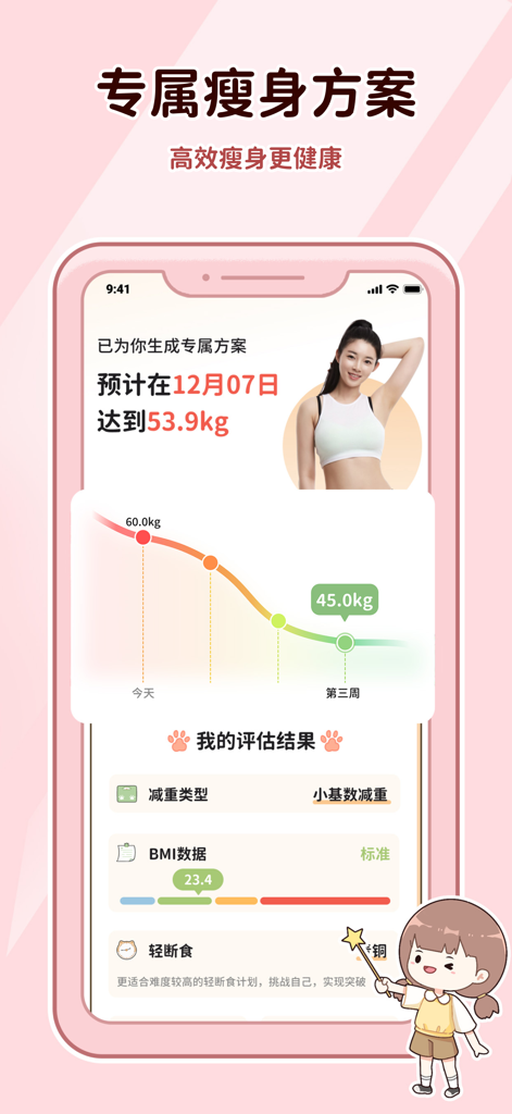 喵喵轻断食-科学食谱好身材 - Mobile app interface showing a personalized weight loss plan with a target weight goal, progress graph, and BMI assessment data