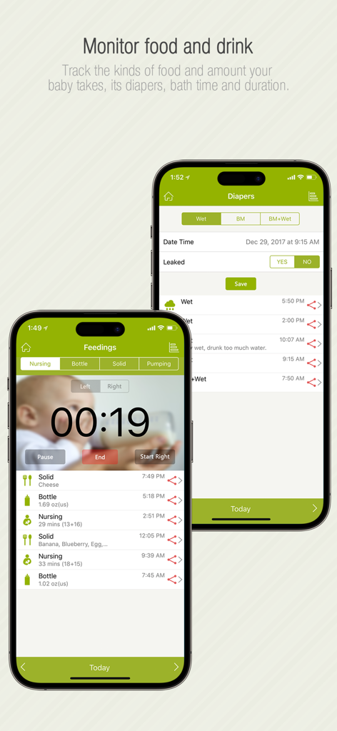 Screenshots of the Babycare Tracker Pro app displaying feeding logs with a timer and diaper tracking details on two mobile phones.