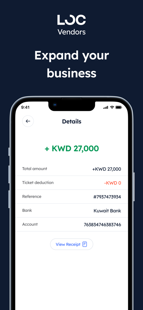 Pantalla de detalles de transacciones financieras en la app LOCALS Vendor mostrando ganancias del negocio y opciones de recibo