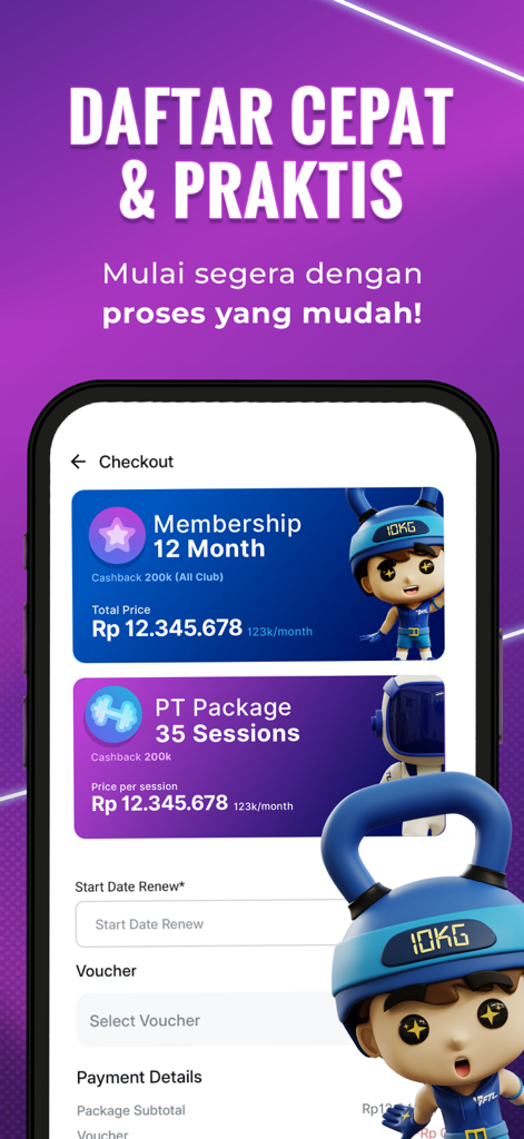 FTL STRIDE app checkout screen displaying twelve month membership and personal training package options