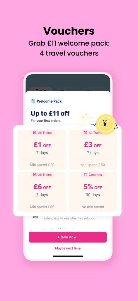 TrainPal: UK& EU train tickets - TrainPal app interface showing a welcome pack with four travel vouchers for train and coach discounts.