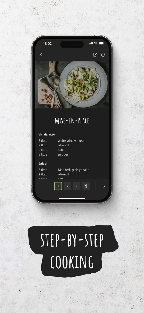 FOOBY: Recipes & More - A smartphone screen showing the FOOBY app with a salad recipe and a list of ingredients under the mise-en-place section