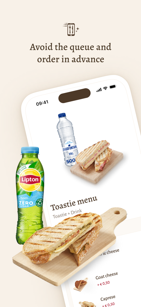 Efteling - Efteling app screen showing the option to order food like toasties and drinks in advance to avoid queues.