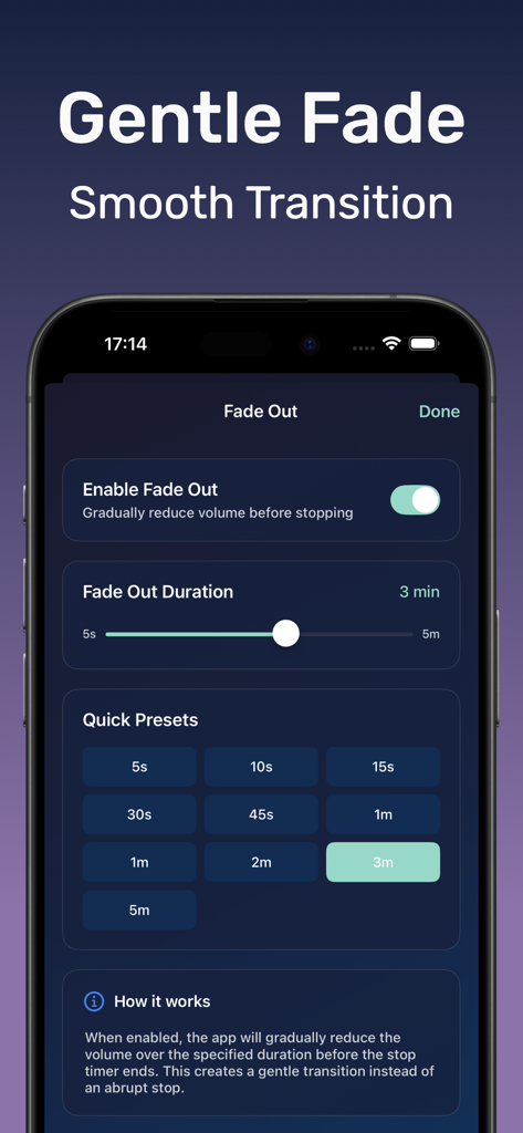 DRMN 앱의 페이드 아웃 설정 스크린샷으로, 부드러운 사운드 전환을 위한 기간 슬라이더 및 빠른 사전 설정 표시