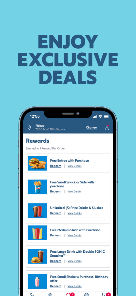 SONIC Drive-In - Order Online - Smartphone screen displaying exclusive rewards and food deals in the SONIC Drive-In app