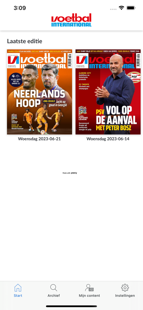 VI Kiosk - Ecrã principal da aplicação VI Kiosk apresentando as edições digitais mais recentes da revista Voetbal International