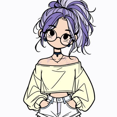 girl with a messy ponytail glasses a baggy crop top and jean shorts