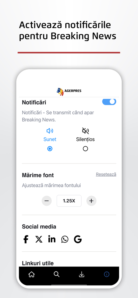 AGERPRES - Settings screen of the AGERPRES app for managing breaking news notifications and font size.