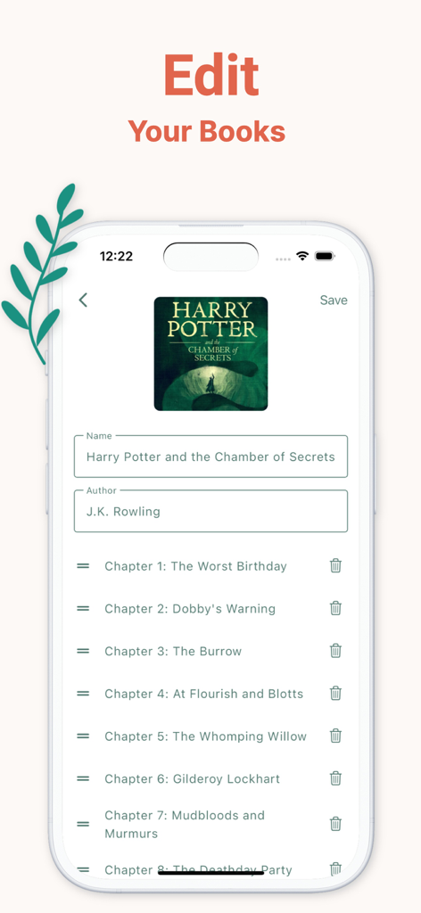 BookPlayer: MP3/M4B/M4A/MP4 - Screenshot dell'app BookPlayer che mostra la schermata di modifica per titolo, autore ed elenco capitoli di un audiolibro.