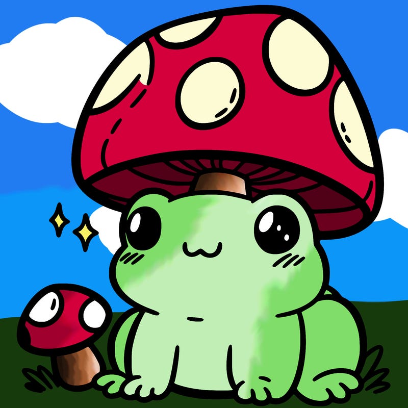 a cute frog with a mushroom hat