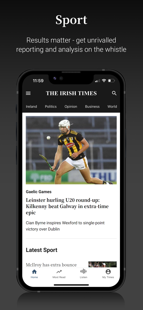 The Irish Times News - The Irish Times News 앱 스포츠 섹션에 게일 게임과 허들링 보도가 표시됨