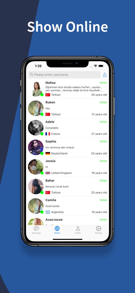 Interface of Elele chat app displaying a list of online users from various countries with their profile details
