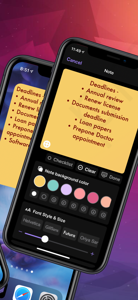 Interfaz de la aplicación Jot Down que muestra la personalización de notas adhesivas con varios colores de fondo y configuraciones de estilo de fuente