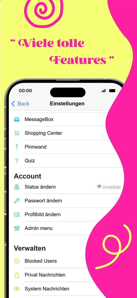 Settings menu of the ChatRoom2000 app showing account options and features