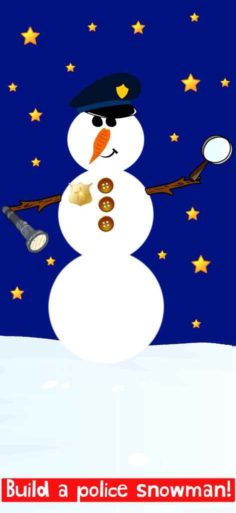 Christmas Train Snowman Games - A snowman dressed as a police officer with a hat, badge, flashlight, and magnifying glass under a starry night sky.