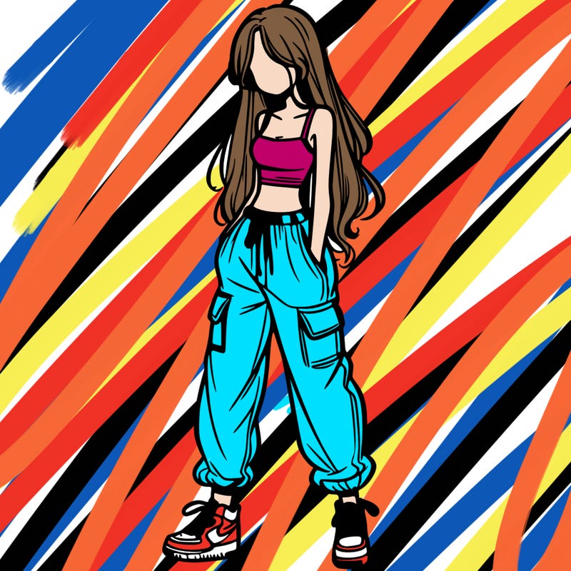 girl in baggy pants crop top and long hair