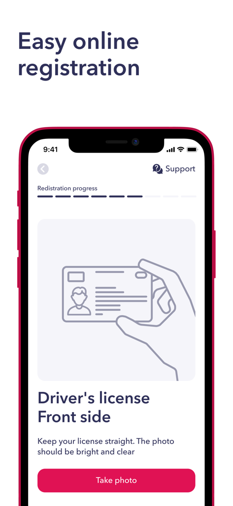 Mobile app screen showing the driver license registration step for Carguru car sharing