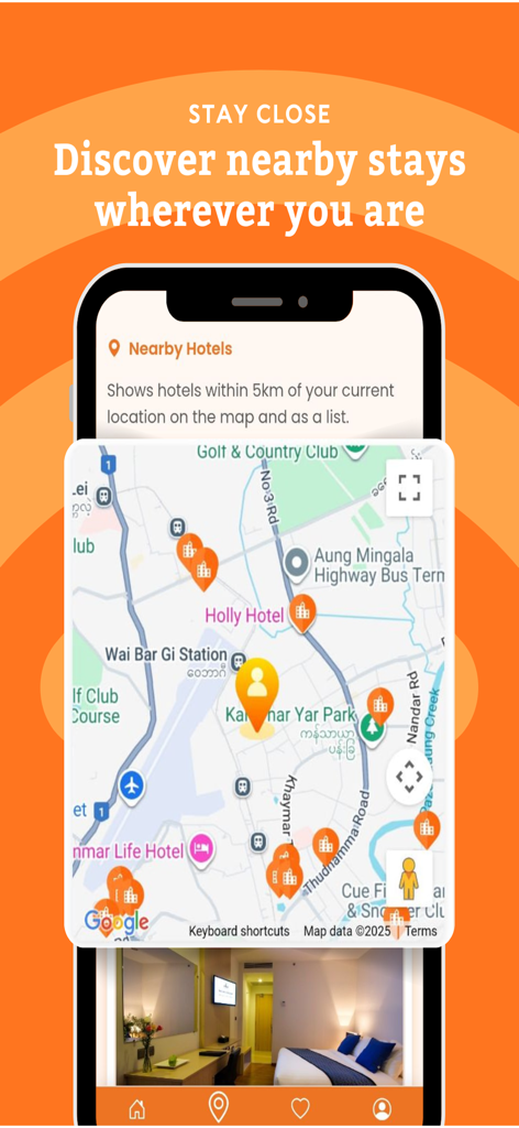 미얀마의 주변 호텔을 보여주는 Stay2Hotel 앱 지도 인터페이스