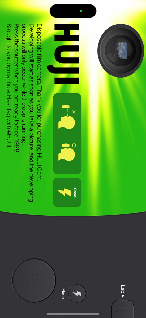 Interfaz de la aplicación Huji Cam diseñada como una cámara de cine desechable de 1998