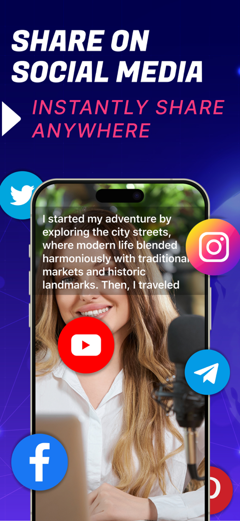 Teleprompter Camera - Una persona grabando un video con la aplicación Teleprompter Camera rodeada de iconos para compartir en redes sociales.