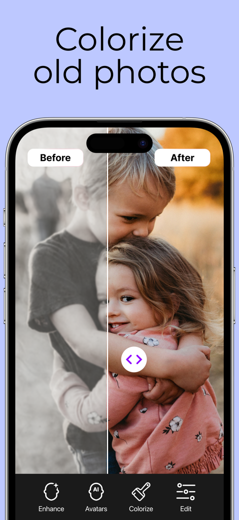 PhotoBoost - AI Photo Enhancer - Before and after comparison of a black and white family photo being colorized by PhotoBoost AI