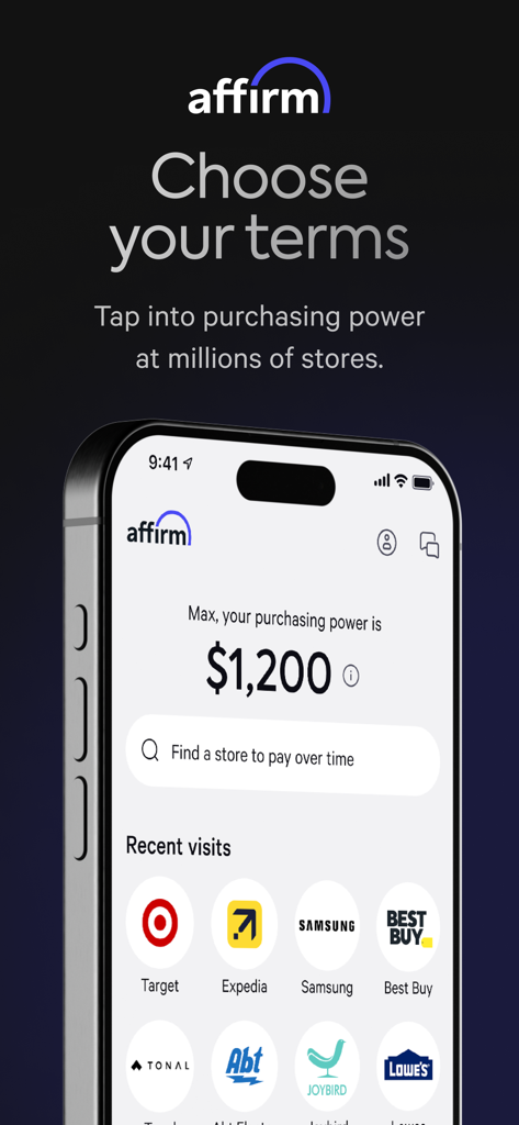 Affirm mobile app screen displaying a 1200 dollar purchasing power limit and various retail partner icons like Target and Expedia.