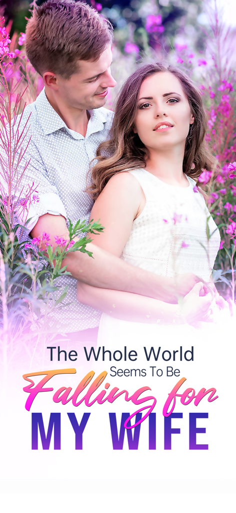 Amolivro: Audiobook & Story - Romantic couple hugging in a field of purple flowers under the title Falling for MY WIFE