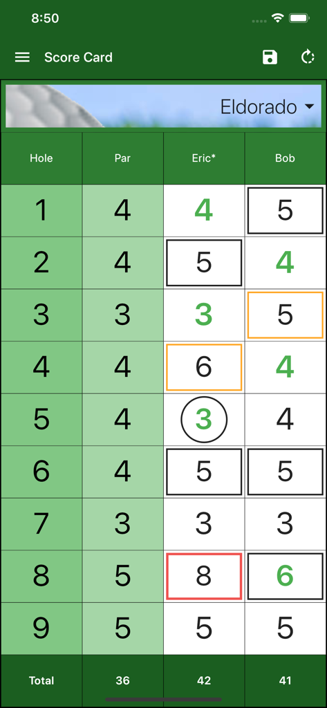A clear digital golf scorecard interface showing hole by hole scores for two players