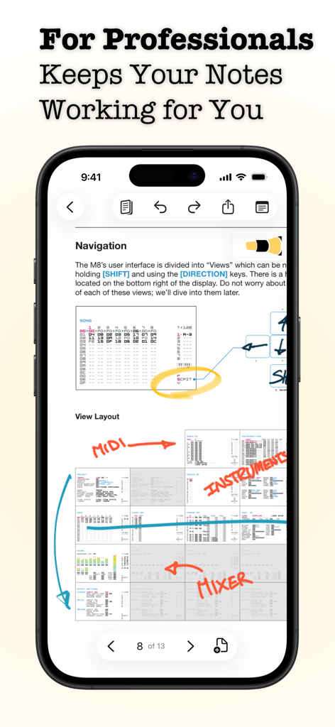 iPhone-Bildschirm zeigt die Penbook-App mit einem technischen Dokument mit handschriftlichen Anmerkungen und Diagrammen