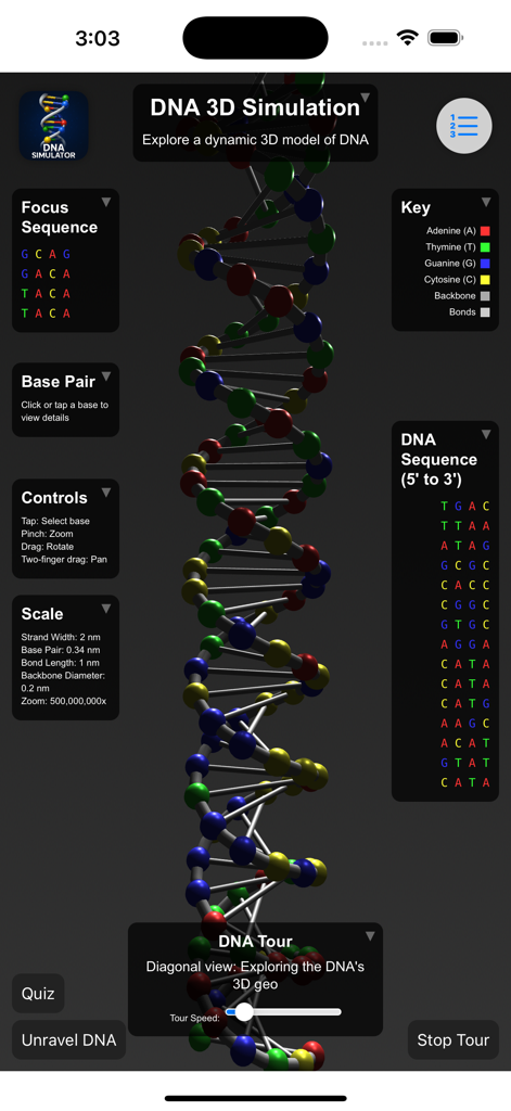 Un modelo interactivo de doble hélice de ADN en 3D con datos de secuencia y clave de pares de bases mostrados en la interfaz de la aplicación