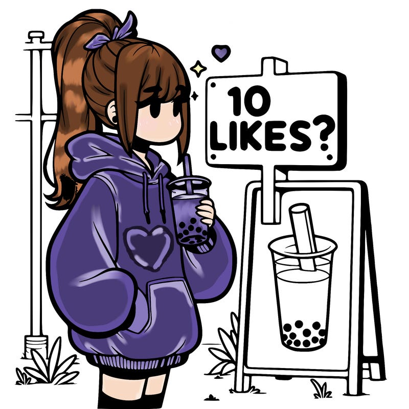 girl with oversized hoodie drinking boba and she has a high ponytail with a sign that says 10likes?