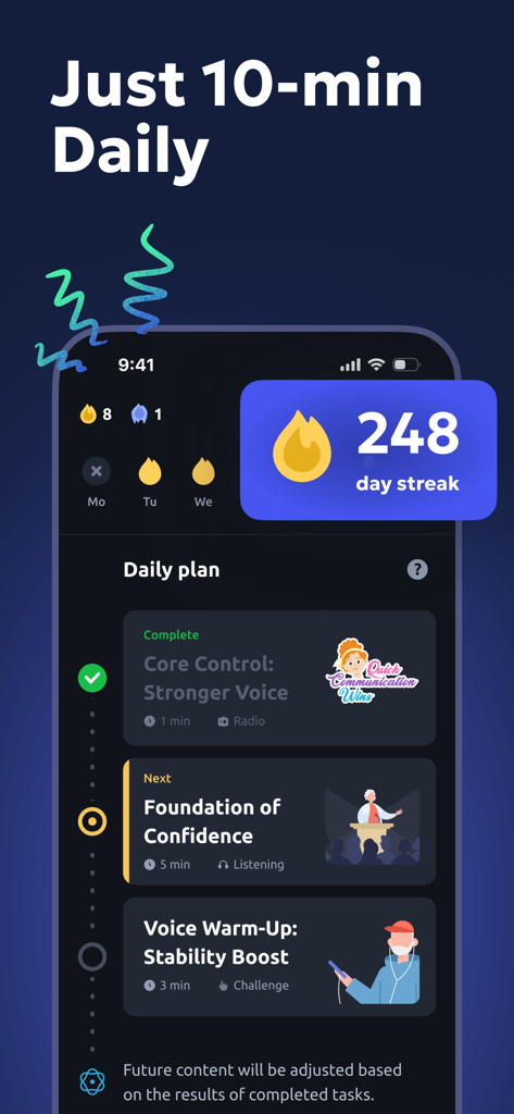 Daily plan screen of Vocal Image app featuring a 248 day streak and voice training tasks.
