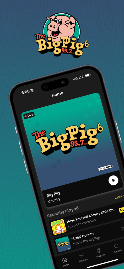 Home screen of The Big Pig 95.7 FM country music radio app featuring live streaming and recently played songs.