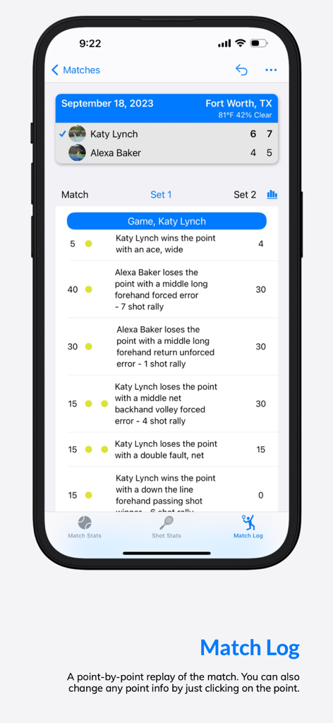 MatchTrack Tennis Score Keeper - Detailed match log screen in the MatchTrack app showing point by point shot descriptions and rally statistics.