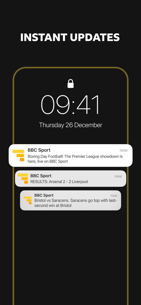 Smartphone lock screen displaying BBC Sport app notifications for Premier League football and rugby results.