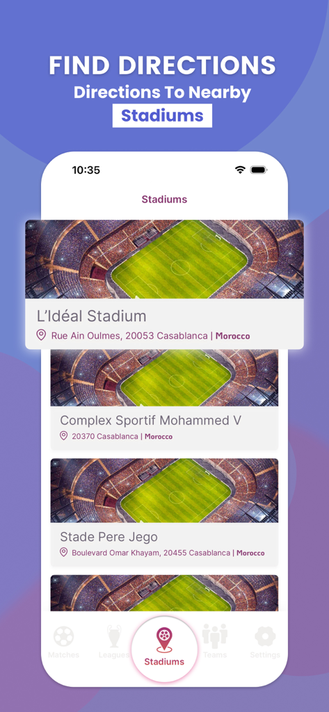 Nova Soccer : Live Sport Score - Schermata dell'app Nova Soccer che mostra stadi nelle vicinanze e indicazioni stradali