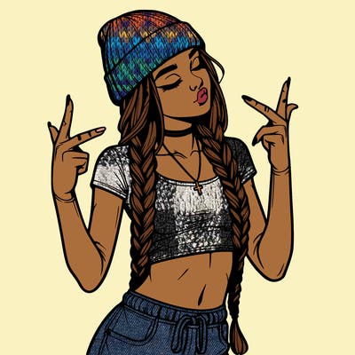 realistic teenage girl with braids and a beanie and crop top doing 🫶🏼