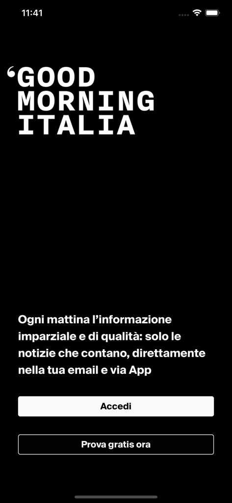 Good Morning Italia app welcome screen featuring the logo and buttons to log in or start a free trial on a minimalist black background.